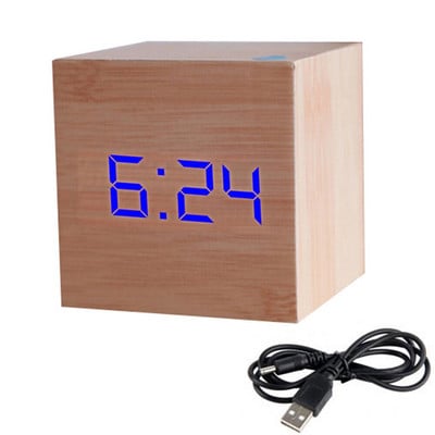 LED fa ébresztőóra asztal hangvezérlés digitális óra hőmérséklet páratartalom kijelző fa asztali órák USB/AAA
