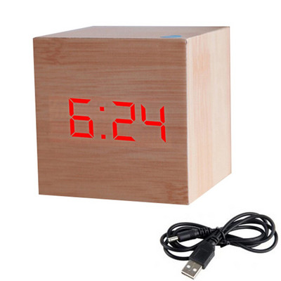 LED fa ébresztőóra asztal hangvezérlés digitális óra hőmérséklet páratartalom kijelző fa asztali órák USB/AAA