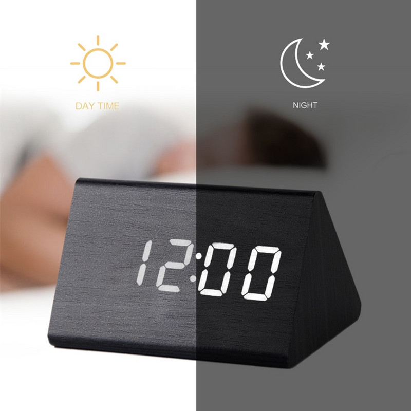 LED fa ébresztőóra asztal hangvezérlés digitális óra hőmérséklet páratartalom kijelző fa asztali órák USB/AAA
