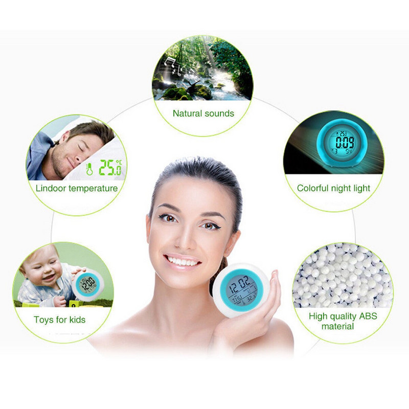 Skaitmeninis LED foninio apšvietimo ekranas Wake Up Light, keičiantis spalvas stalinis žadintuvas su natūraliais garsais Saulėtekio simuliatoriaus snaudimo režimas