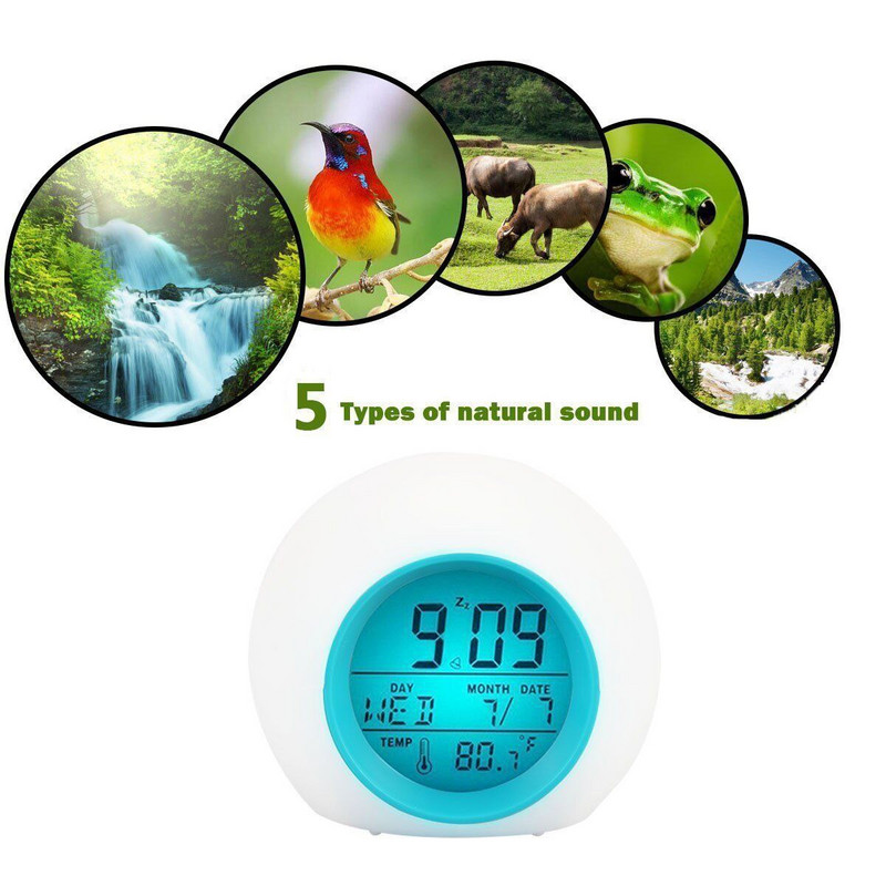 Skaitmeninis LED foninio apšvietimo ekranas Wake Up Light, keičiantis spalvas stalinis žadintuvas su natūraliais garsais Saulėtekio simuliatoriaus snaudimo režimas