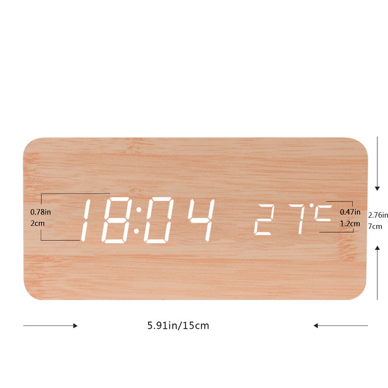 Ceas cu alarmă din lemn Baldr Contor digital de temperatură Calendar USB Termometru de birou de acasă Temporizator de somn LED Ceas de masă cu control al sunetului