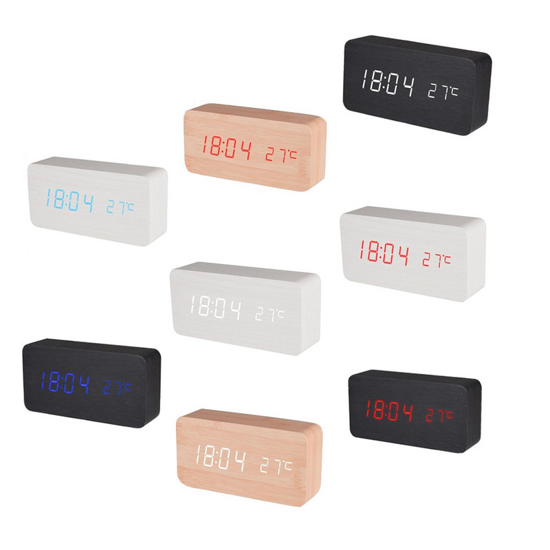 Ceas cu alarmă din lemn Baldr Contor digital de temperatură Calendar USB Termometru de birou de acasă Temporizator de somn LED Ceas de masă cu control al sunetului