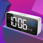 Ceas cu alarmă cu oglindă digitală LED Control vocal Ceas electronic de masă Funcție de amânare Temperatură Afișare timp Ceas de birou USB