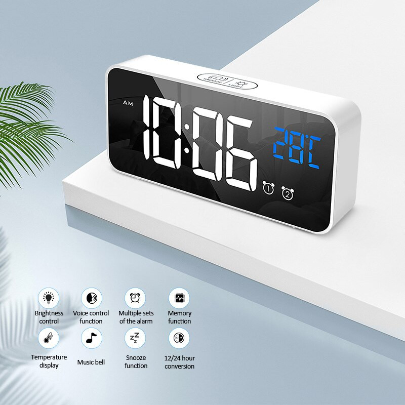 Ceas cu alarmă cu oglindă digitală LED Control vocal Ceas electronic de masă Funcție de amânare Temperatură Afișare timp Ceas de birou USB