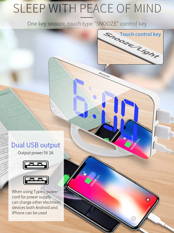 MICLOCK digitális tükrös ébresztőóra 7"-es, nagy LED-es egyszerűségű elektronikus fali modern modern órák érintéssel, dupla USB-töltéssel