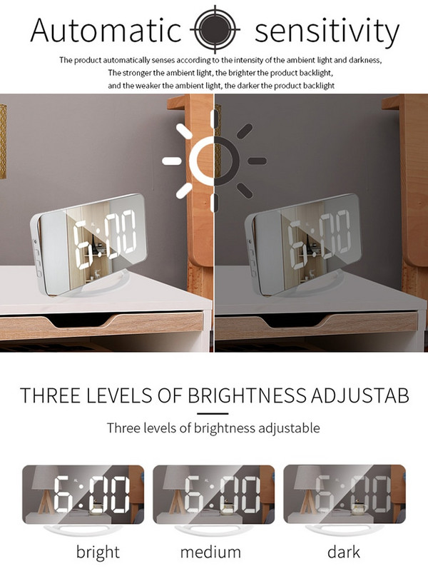 MICLOCK digitális tükrös ébresztőóra 7"-es, nagy LED-es egyszerűségű elektronikus fali modern modern órák érintéssel, dupla USB-töltéssel