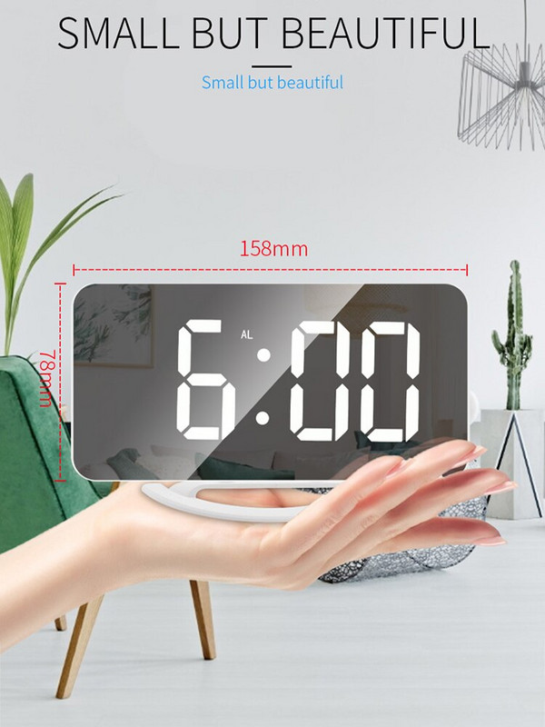 MICLOCK digitális tükrös ébresztőóra 7"-es, nagy LED-es egyszerűségű elektronikus fali modern modern órák érintéssel, dupla USB-töltéssel