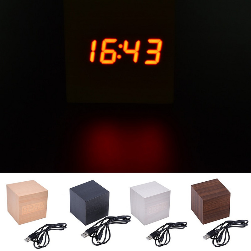 Lovely Cube fa óra Hangvezérlés LED digitális ébresztőóra Asztali Szundi Elektronikus asztali karóra Nixie Wood éjjeli ébresztőóra