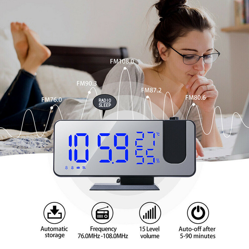 Projektorral LED digitális ébresztőóra asztal digitális mennyezeti projektor elektronikus ébresztőóra USB WakeUp FM rádió szundi funkció