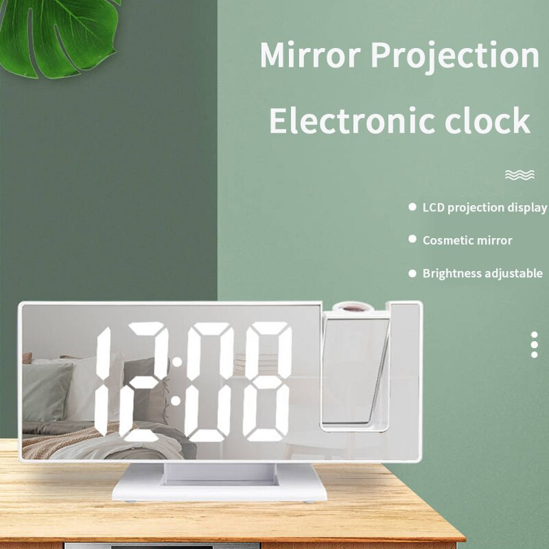 LED skaitmeninio žadintuvo radijo projekcija su temperatūros ir drėgmės veidrodiniu laikrodžiu Daugiafunkciniai prie lovos staliniai laikrodžiai