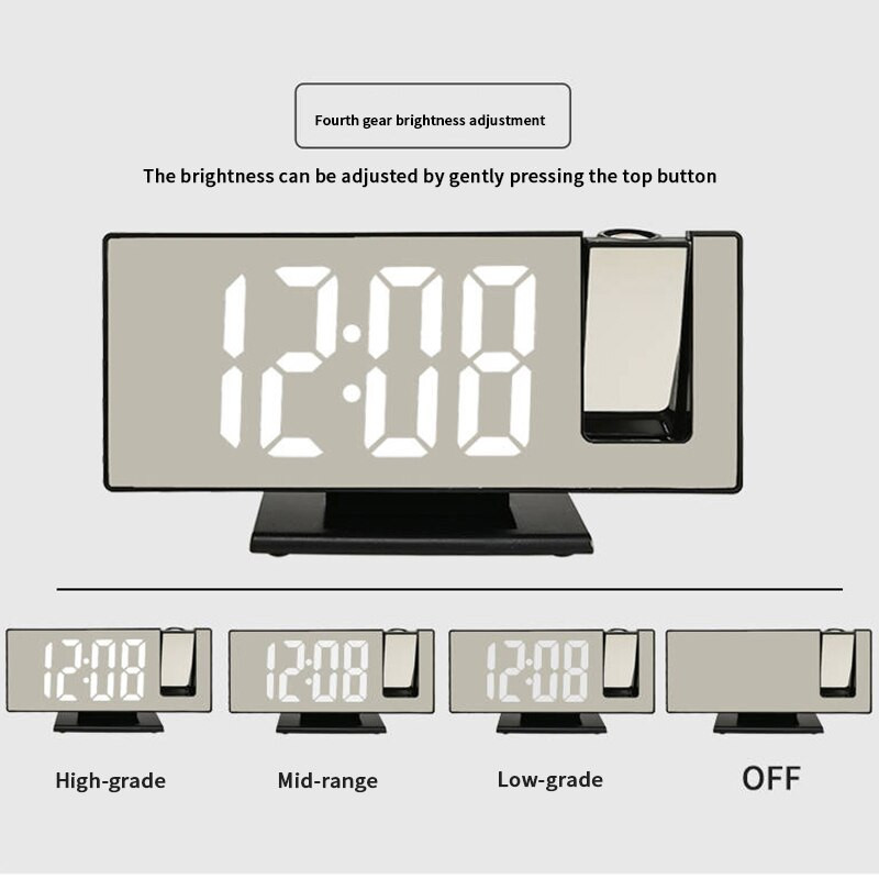 LED skaitmeninio žadintuvo radijo projekcija su temperatūros ir drėgmės veidrodiniu laikrodžiu Daugiafunkciniai prie lovos staliniai laikrodžiai