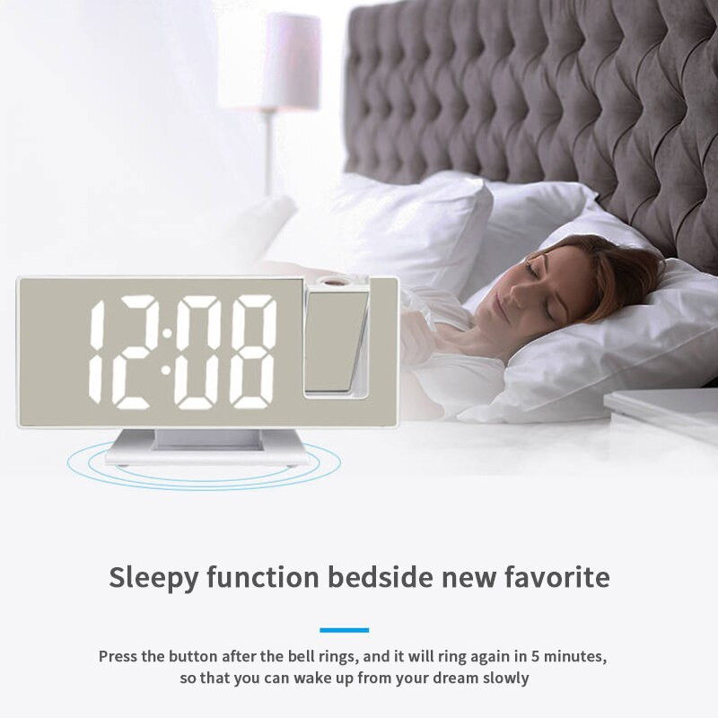 LED skaitmeninio žadintuvo radijo projekcija su temperatūros ir drėgmės veidrodiniu laikrodžiu Daugiafunkciniai prie lovos staliniai laikrodžiai