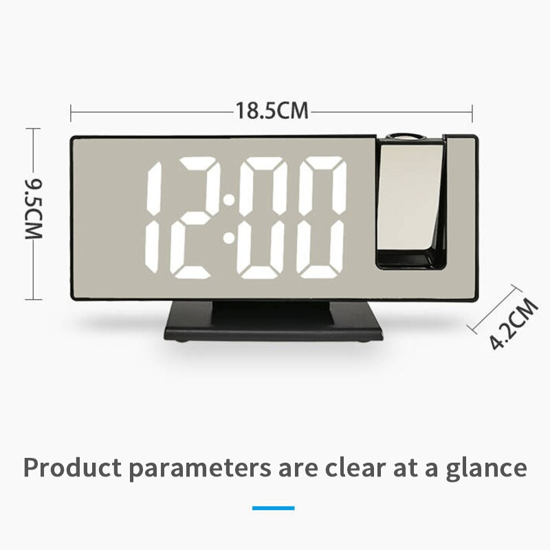 LED skaitmeninio žadintuvo radijo projekcija su temperatūros ir drėgmės veidrodiniu laikrodžiu Daugiafunkciniai prie lovos staliniai laikrodžiai