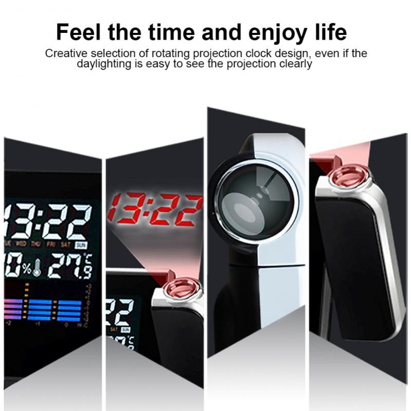 Projekcinis LCD žadintuvas stalas Skaitmeninis foninio apšvietimo jutiklis Automatinis minkštos šviesos snaudimo data Temperatūros orų prognozė