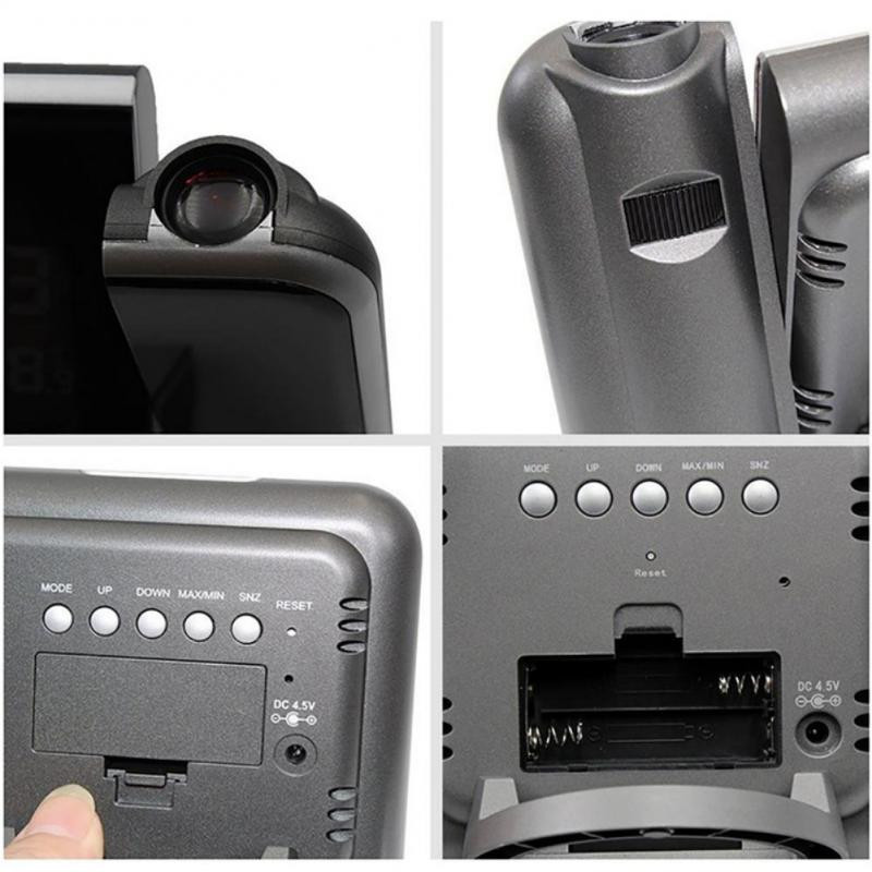 Projekcinis LCD žadintuvas stalas Skaitmeninis foninio apšvietimo jutiklis Automatinis minkštos šviesos snaudimo data Temperatūros orų prognozė