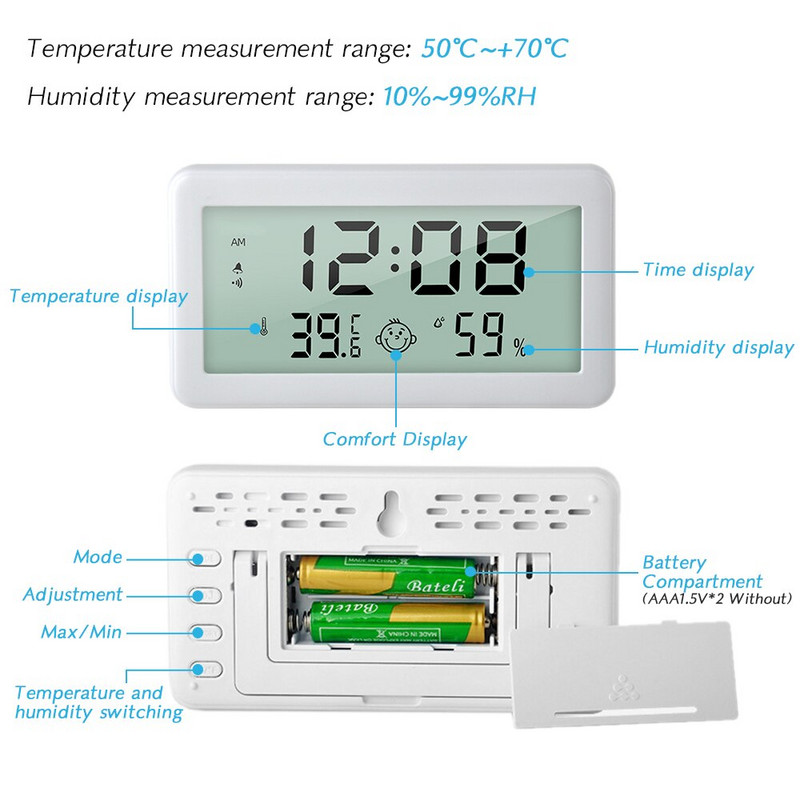Ceas digital LCD multifuncțional, termometru, higrometru, ceas cu alarmă, cu iluminare din spate, umiditate, ceasuri de masă pentru masă