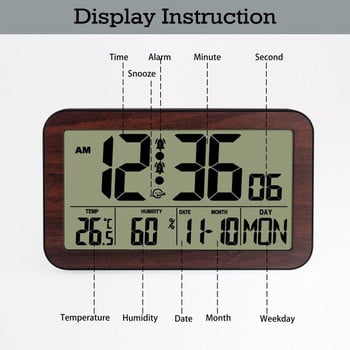 Ψηφιακό ξυπνητήρι LCD πολλαπλών λειτουργιών LED μεγάλης οθόνης με θερμόμετρο, υγρόμετρο, ρολόι τοίχου, ημερολόγιο επιτραπέζιου ρολογιού