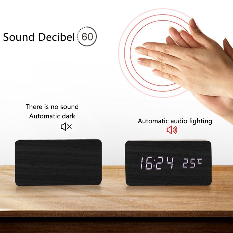 Medinis skaitmeninis LED žadintuvas valdomas balsu USB/AAA maitinamas elektroninis stalinis laikrodis daugiafunkcis temperatūros stalinio laikrodžio dekoras