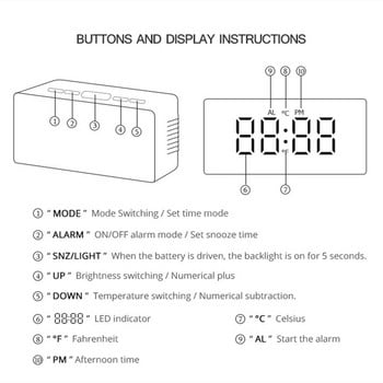 Καθρέφτης Ξυπνητήρι LED Ρολόι Ψηφιακό Snooze Επιτραπέζιο Ρολόι Αφύπνισης Φως Ηλεκτρονική Μεγάλη Ένδειξη θερμοκρασίας Ρολόι Διακόσμησης σπιτιού