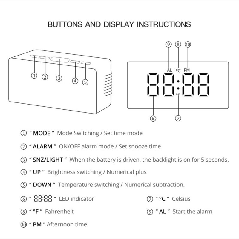 Ceas cu alarmă cu oglindă Ceas cu LED Ceas cu amânare digitală Ceas de masă Lumină cu trezire Afișaj electronic cu timp mare Ceas pentru decorarea casei