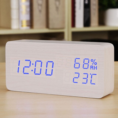 Ébresztőóra LED digitális fa otthoni asztali óra hőmérséklet páratartalom hangvezérléssel szundi elektronikus asztali órák