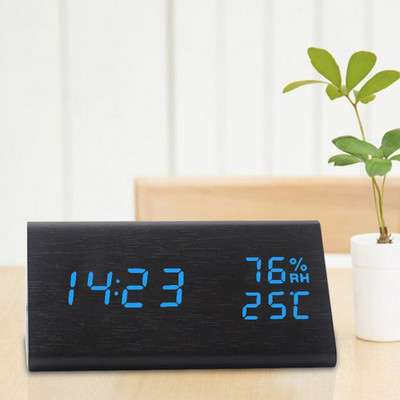 Ébresztőóra LED digitális fa otthoni asztali óra hőmérséklet páratartalom hangvezérléssel szundi elektronikus asztali órák