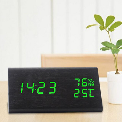 Ébresztőóra LED digitális fa otthoni asztali óra hőmérséklet páratartalom hangvezérléssel szundi elektronikus asztali órák