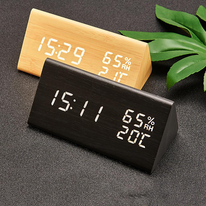 Digitális ébresztőóra Elektronikus LED időkijelző Állítható fényerő Páratartalom Hőmérséklet érzékelés Fa Design asztali órák