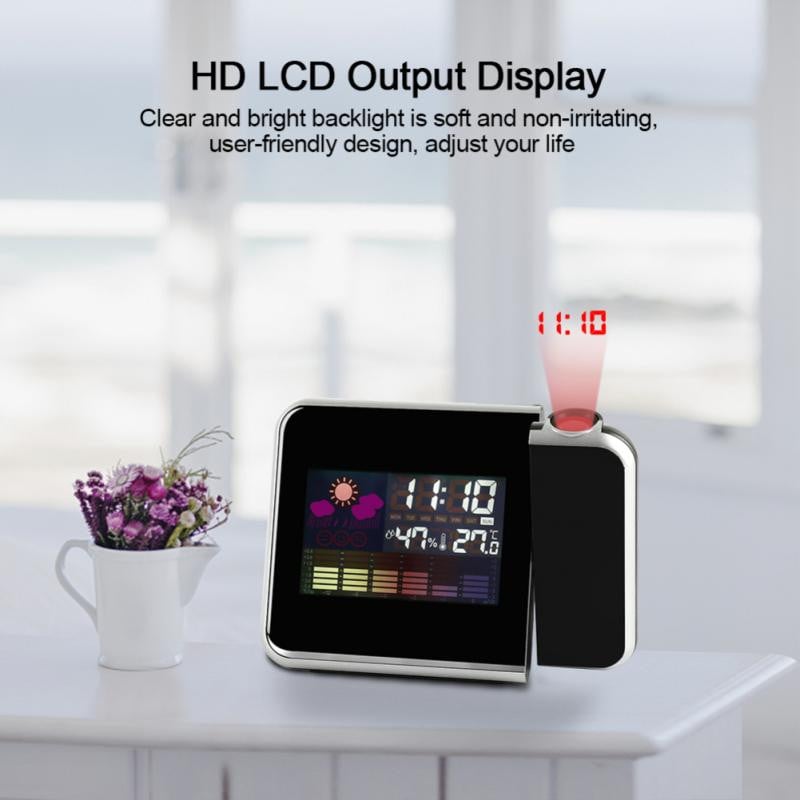 Projekcinis LCD žadintuvas su kalendoriumi orų stotimi orų termometru tylus skaitmeninis apšvietimas snaudimo laikrodis namų reikmenys