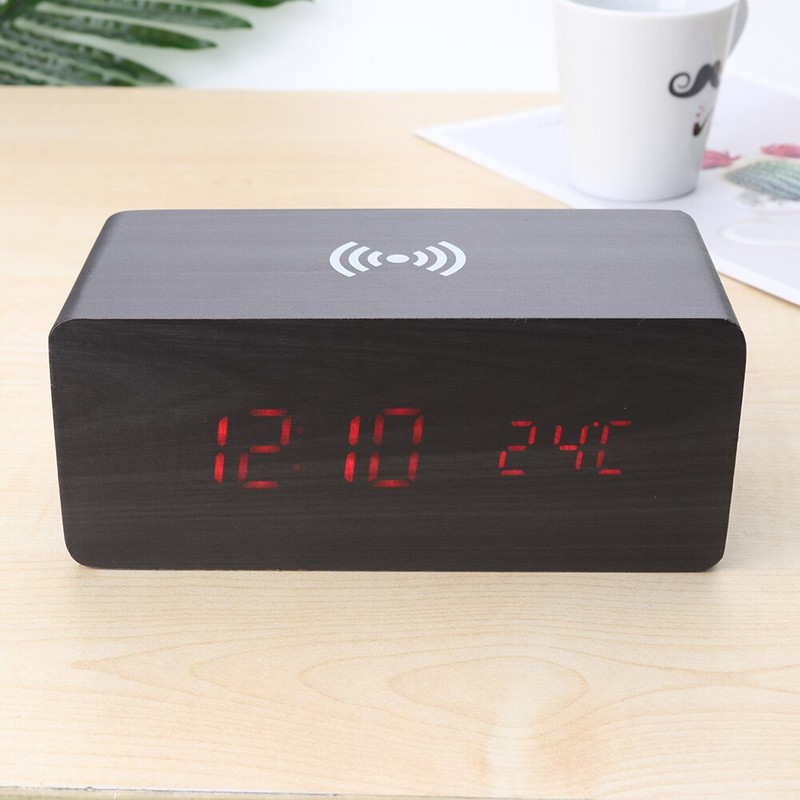 Ébresztőóra LED fa óra asztal hangvezérlés digitális fa Despertador Smart vezeték nélküli töltő asztali órák asztali dekoráció