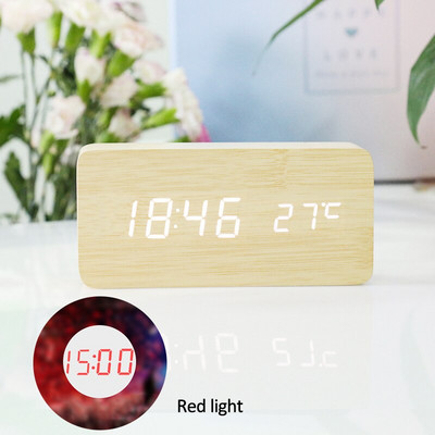 Digitális hőmérő fa LED-es ébresztőóra Fa Retro fényű óra Asztali dekoráció Hangvezérlés Szundi funkció Asztali eszközök