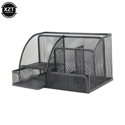 Метален офис органайзер Мрежеста настолна кутия за съхранение Аксесоари за канцеларски материали Поставка за козметика Куха седем решетка Консумативи за съхранение на бюро