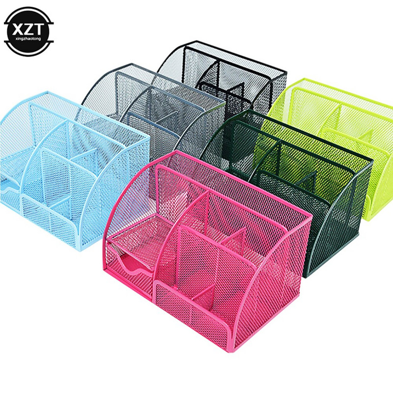 Метален офис органайзер Мрежеста настолна кутия за съхранение Аксесоари за канцеларски материали Поставка за козметика Куха седем решетка Консумативи за съхранение на бюро