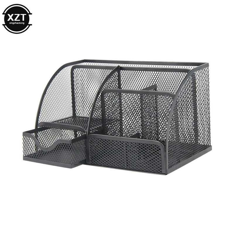 Метален офис органайзер Мрежеста настолна кутия за съхранение Аксесоари за канцеларски материали Поставка за козметика Куха седем решетка Консумативи за съхранение на бюро