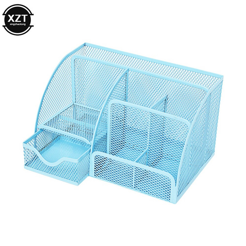Метален офис органайзер Мрежеста настолна кутия за съхранение Аксесоари за канцеларски материали Поставка за козметика Куха седем решетка Консумативи за съхранение на бюро