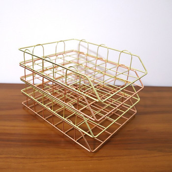 Golden Metal Document Tray Organizer Office Layered Paper Storage Paper Tray Desk Accessories Magazine Rack File CoverAbl