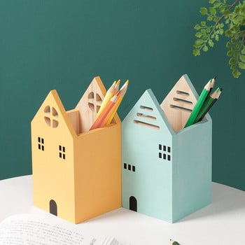 New Arrival Kawaii House Shape Wood Stand Θήκη Γραφείου Organizer Αποθήκευση Κουτί Σχολικό Αξεσουάρ γραφείου Χαρτικά