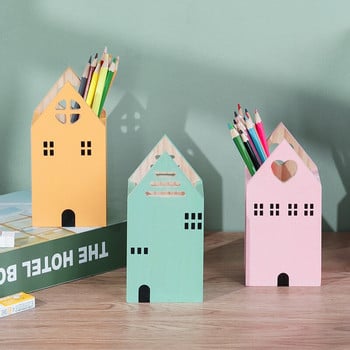 New Arrival Kawaii House Shape Wood Stand Θήκη Γραφείου Organizer Αποθήκευση Κουτί Σχολικό Αξεσουάρ γραφείου Χαρτικά