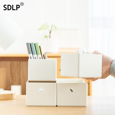 SDLP Настолен органайзер за офис, домашна кутия за съхранение на канцеларски материали Преносим квадратен пластмасов контейнер за съхранение на грим Desktop Decoratio
