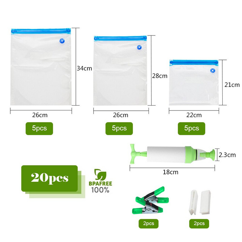 Комплект от 17/20 бр. Вакуумна торбичка за съхранение на храна Пластмасова торбичка с цип Многократна употреба Опаковка за храна Чанти за фризер Уплътнение Непропусклив Кухненски органайзер