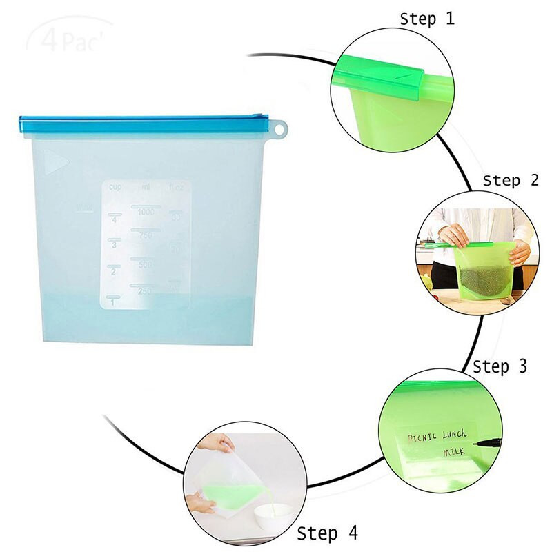 Силиконова чанта за многократна употреба, устойчива на висока температура, запечатана чанта, хладилник, фризер, микровълнова фурна, чанта за храна, 1000 мл