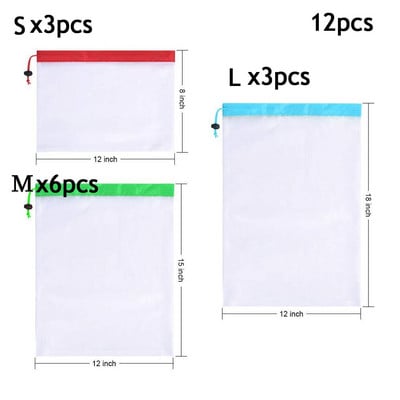 12/15 vnt Ekologiški plaunami tinkliniai maišeliai, skirti bakalėjos parduotuvių laikymui Daugkartinio naudojimo vaisių ir daržovių laikymo virtuvėje