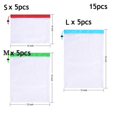 12/15 vnt Ekologiški plaunami tinkliniai maišeliai, skirti bakalėjos parduotuvių laikymui Daugkartinio naudojimo vaisių ir daržovių laikymo virtuvėje