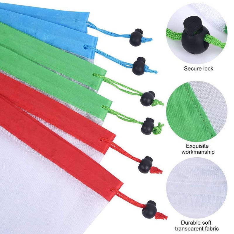 12/15 vnt Ekologiški plaunami tinkliniai maišeliai, skirti bakalėjos parduotuvių laikymui Daugkartinio naudojimo vaisių ir daržovių laikymo virtuvėje