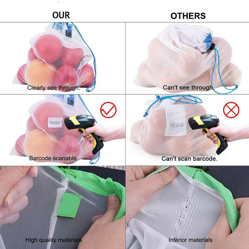 12/15 vnt Ekologiški plaunami tinkliniai maišeliai, skirti bakalėjos parduotuvių laikymui Daugkartinio naudojimo vaisių ir daržovių laikymo virtuvėje