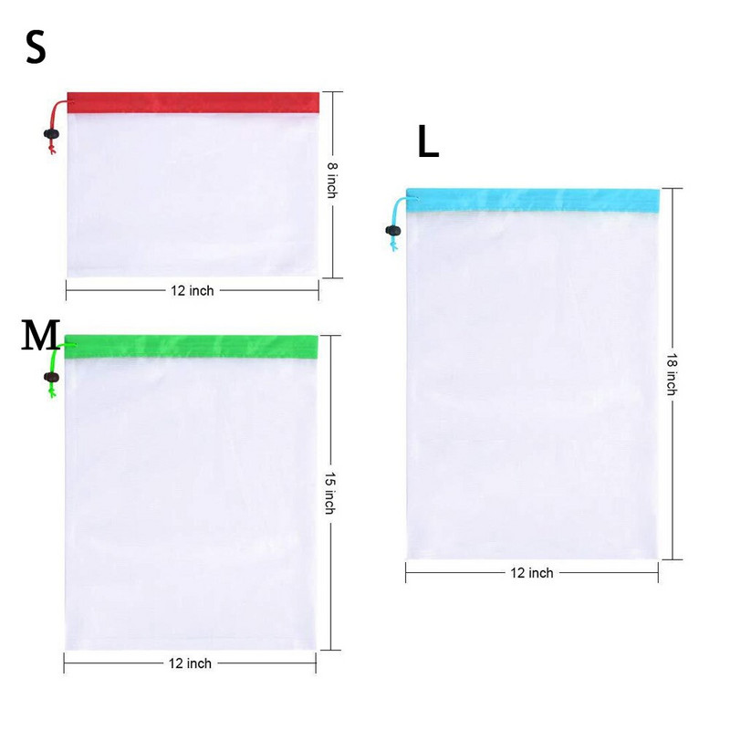 12/15 vnt Ekologiški plaunami tinkliniai maišeliai, skirti bakalėjos parduotuvių laikymui Daugkartinio naudojimo vaisių ir daržovių laikymo virtuvėje