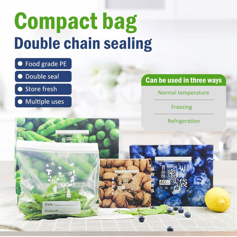 40 бр. Многократно използвани торбички за съхранение на свежест Замразяване Нагряване Торба за съхранение на опаковки за храна Универсални уплътнителни ленти Запечатани торбички Кухненски консумативи