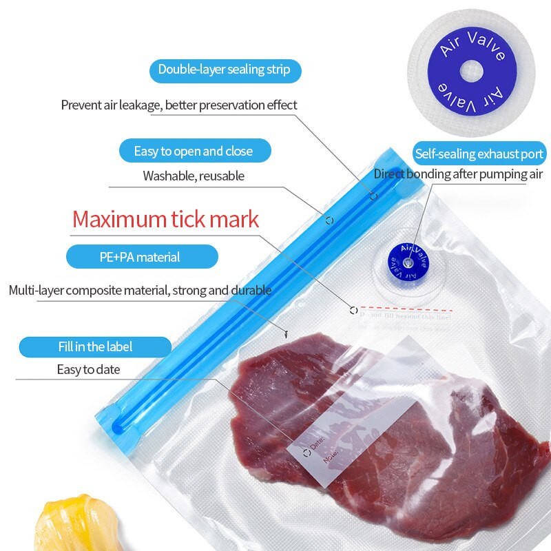 2 bucăți pungi reutilizabile pentru vid pentru alimente Păstrați proaspete pentru economisirea alimentelor, pungi de ambalare în vid, pungi de etanșare, pungi de depozitare pentru bucătărie, pungi cu fermoar.