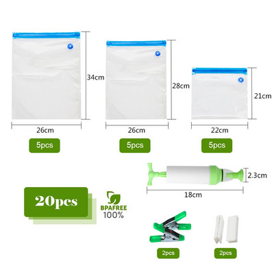 17/20 tk korduvkasutatavad vaakumkotid Toidu säilitamise tihendkott koos käsipumba ja tihendusklambritega toiduainete ja puuviljade säilitamiseks külmutamiseks